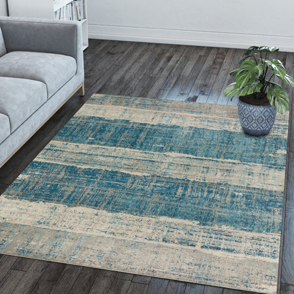 17 Stories Modern Area Rug Emporium Modern Blue Stripe Microfiber Area